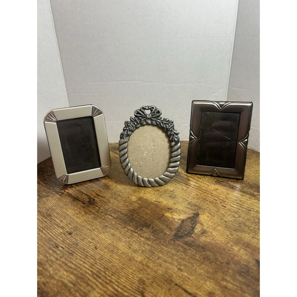 Vintage Mini Picture Frames Lot of 3 Metal Ornate Art Deco Style 3x2 Photo Size